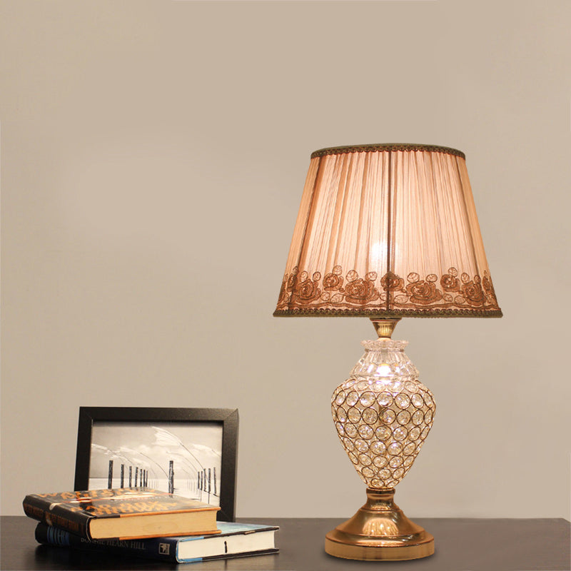 Greta - Rural 1 Head Rose-Trim Conical Table Light Rural Gold Pleated Fabric Night Lamp with Pot Crystal Base