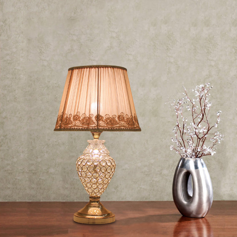 Rose-Trim Conical Table Light With Crystal Base - Rustic Gold Pleated Fabric Lamp