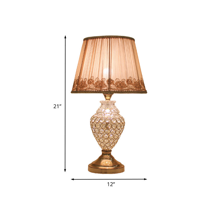 Greta - Rural 1 Head Rose-Trim Conical Table Light Rural Gold Pleated Fabric Night Lamp with Pot Crystal Base