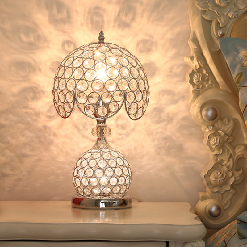 Stylish Crystal Silver Bedside Table Lamp With Scalloped Dome Design