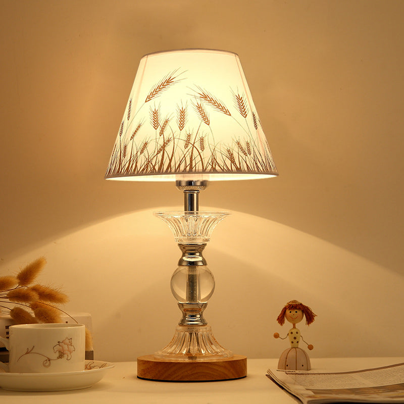 Spikelet Pattern Conic Table Lamp: Countryside White Fabric Night Light With Chrome Column Base