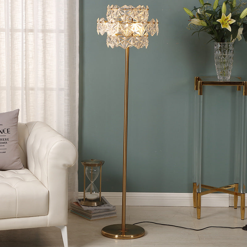 Gold Tiered Hexagon Crystal Floor Lamp - Mid Century 1-Light Stand Up Lighting For Sitting Room