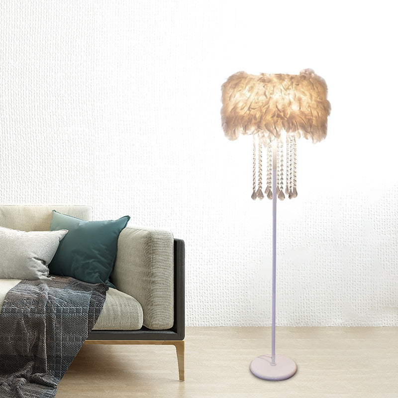 Modernist Feather White Standing Floor Lamp With Crystal Drapes