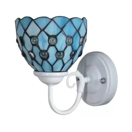 Tiffany Bead Wall Sconce - Mini Single Light Lamp With Blue Glass Shade For Bedroom
