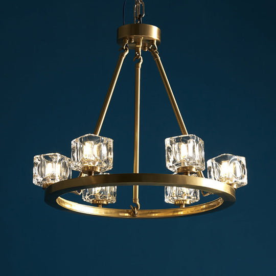 Mid-Century Brass Pendant Light: Ice Cube Crystal Chandelier with 6 Bulbs for Bedroom