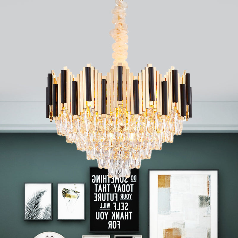 Black-Gold Cone Chandelier With Crystal Prism 6 Lights - Modern Living Room Ceiling Pendant Lamp