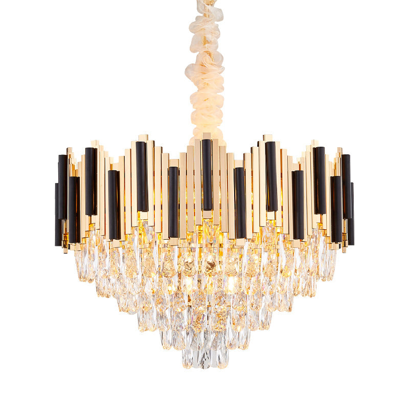 Modern Black-Gold Cone Chandelier with 6 Light Crystal Prisms - Stylish Ceiling Pendant for Living Room