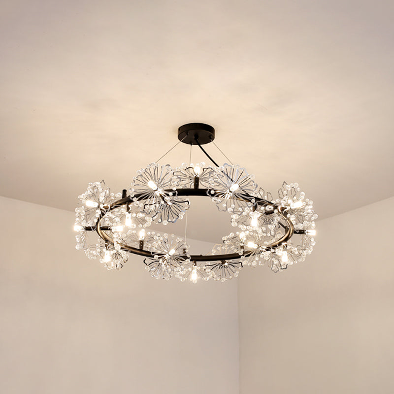 Black Crystal Pendant Light Fixture: 15-Head Flower Circle Chandelier For Modern Living Rooms