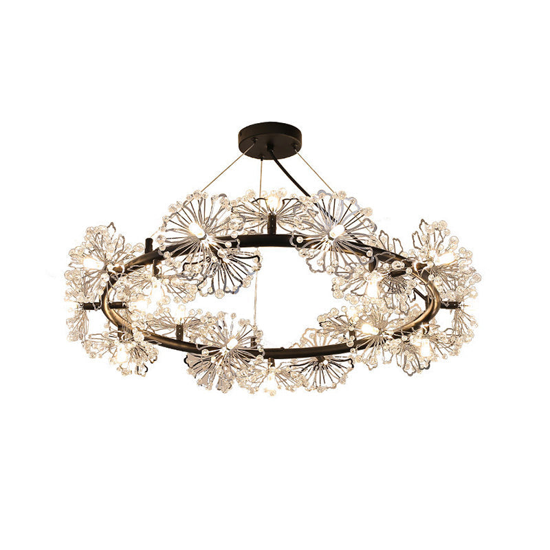 Modern Black Crystal Flower Circle Chandelier Pendant Light for Living Room - 15 Heads