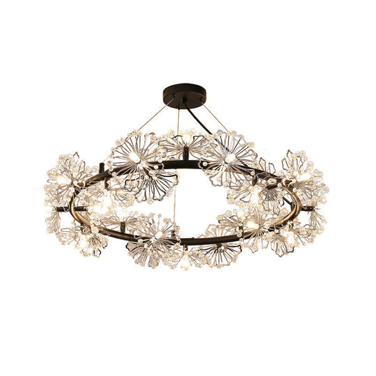 Black Crystal Pendant Light Fixture: 15-Head Flower Circle Chandelier For Modern Living Rooms