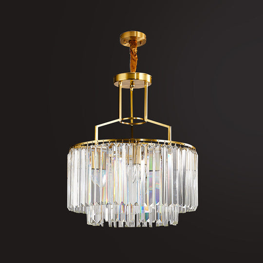 Modern Prismatic Crystal Brass Chandelier – 2-Layer Drum Design with 3 Bulbs – Stylish Hanging Light Fixture