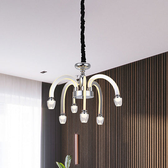 Chrome Led Chandelier - Stainless Steel Modern Design Dining Room Crystal Finial 21/27.5 Wide / 21