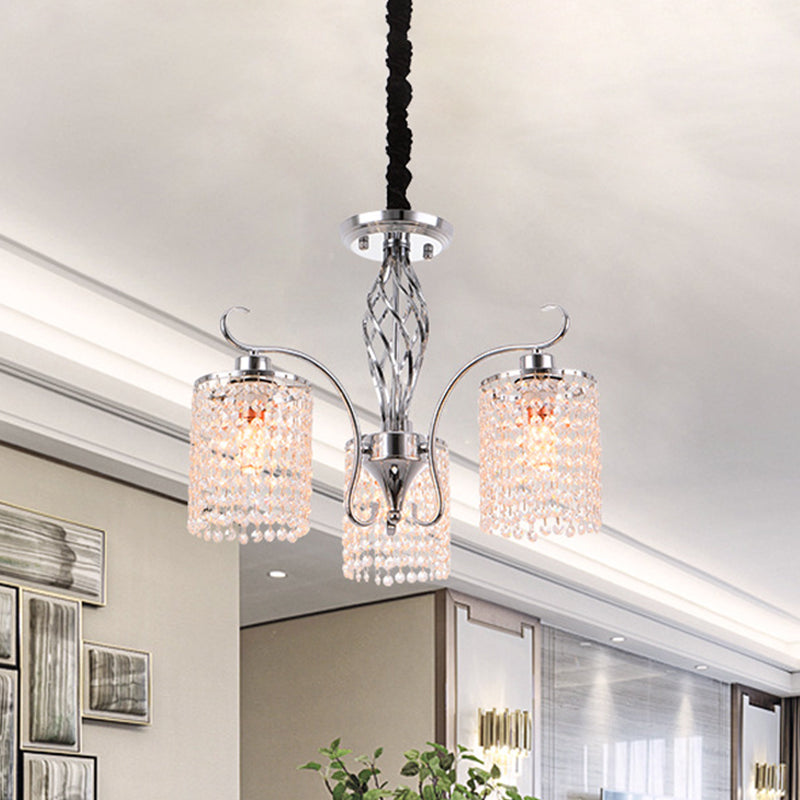Modern Chrome Cylindrical Chandelier Lamp with Crystal Strand - 3/5-Head Hanging Pendant Light