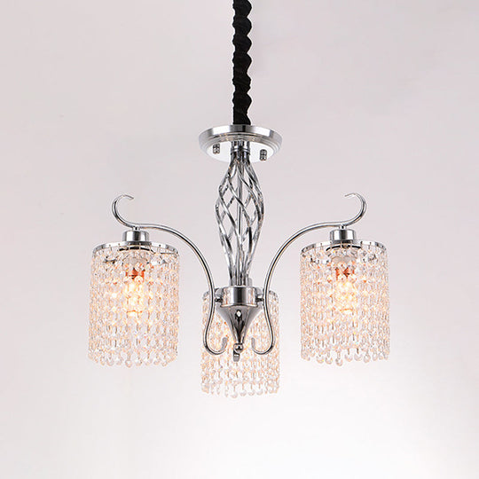 Modern Chrome Cylindrical Chandelier Lamp with Crystal Strand - 3/5-Head Hanging Pendant Light