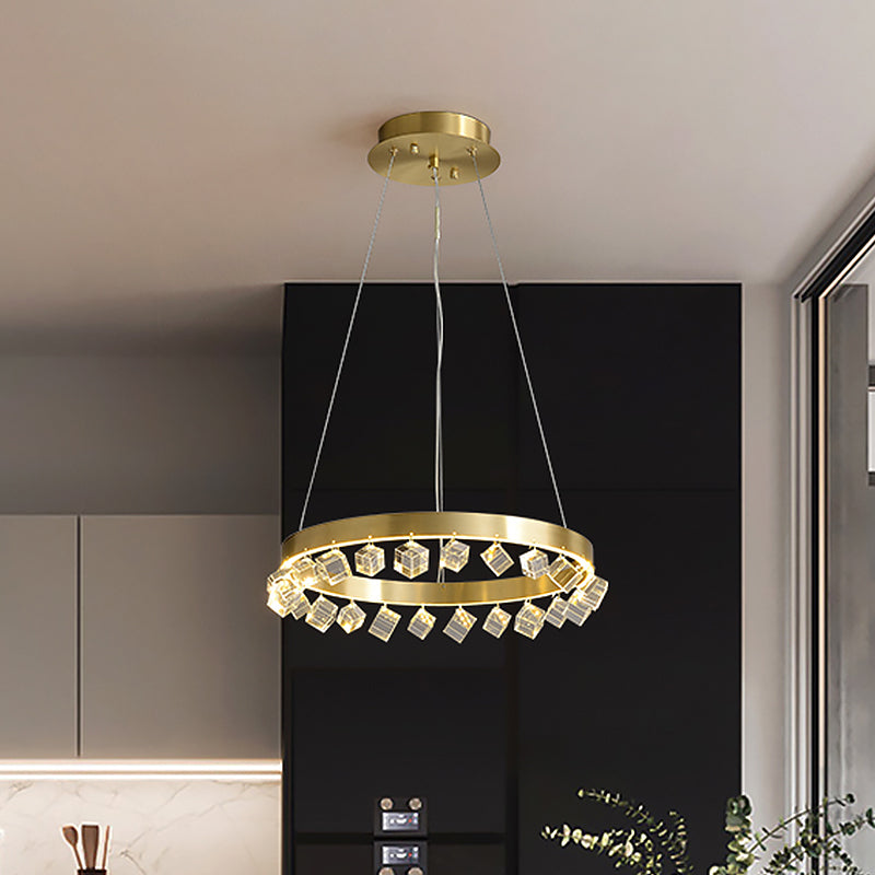Minimalistic Metal Gold Finish Led Pendant Chandelier With Crystal Cube - Loop Kitchen Dinette