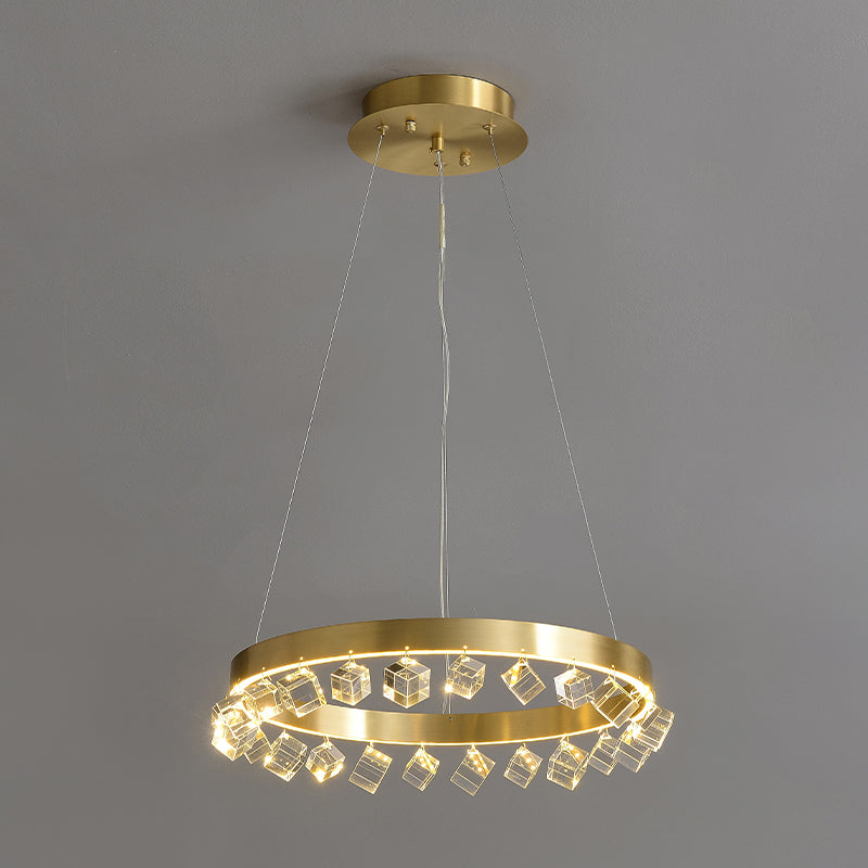 Minimalistic Gold Metal LED Pendant Light with Dangling Crystal Cube for Kitchen Dinette Chandelier