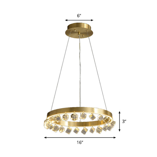 Minimalistic Metal Gold Finish Led Pendant Chandelier With Crystal Cube - Loop Kitchen Dinette