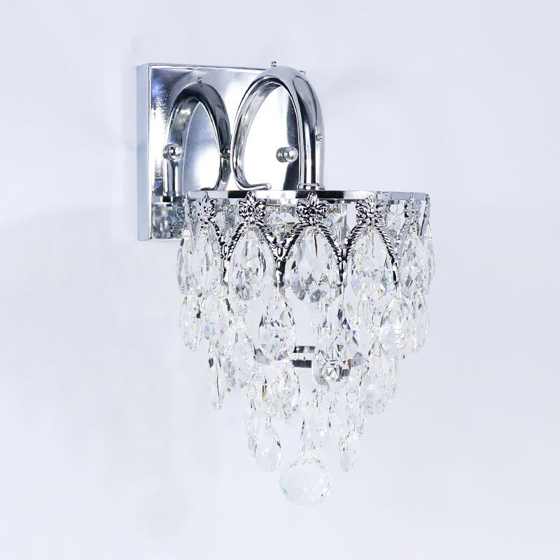 Modern Crystal Draped Wall Lamp With Arched Arm & Polished Chrome Finish