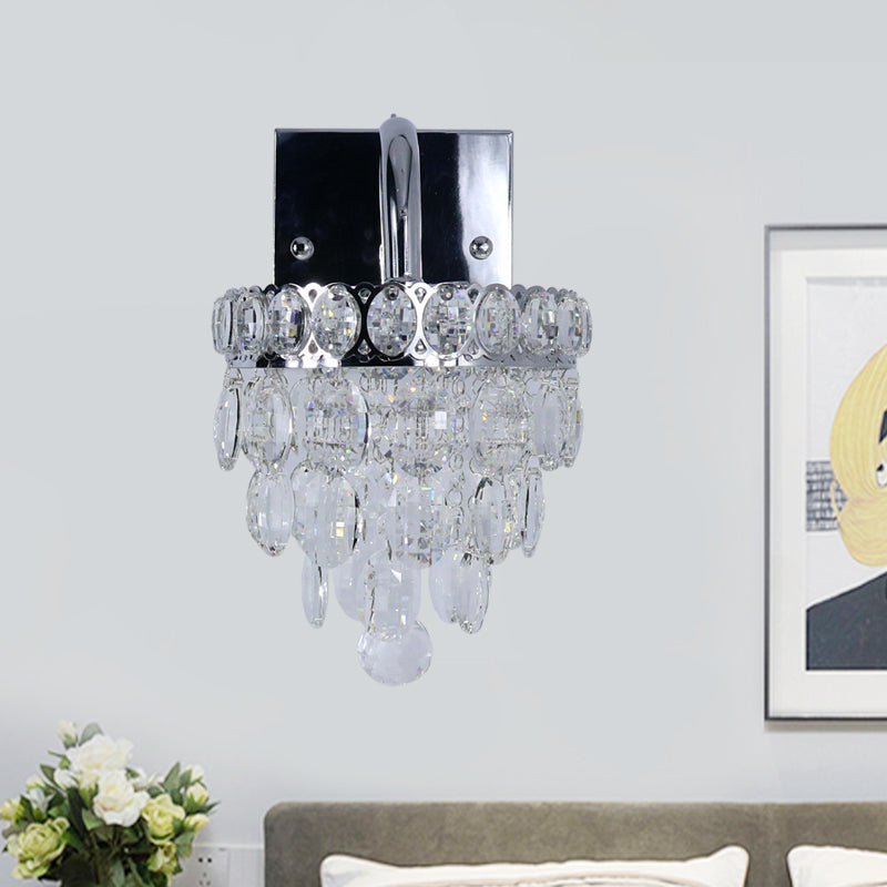 Modern Chrome Led Wall Sconce With Fringe Faceted Crystal And Scroll Arm