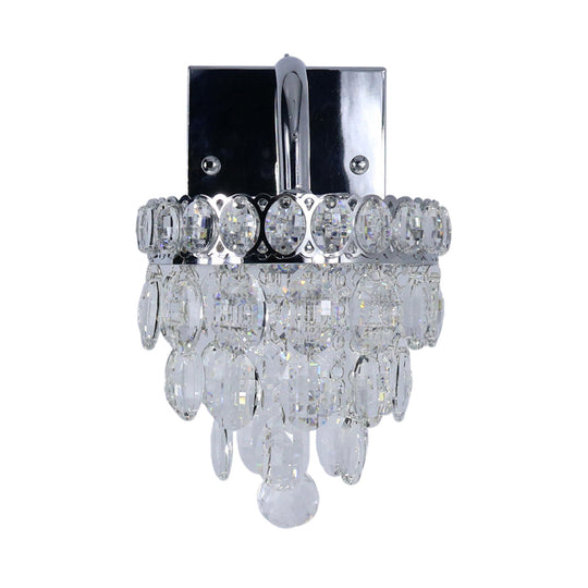 Modern Chrome Led Wall Sconce With Fringe Faceted Crystal And Scroll Arm