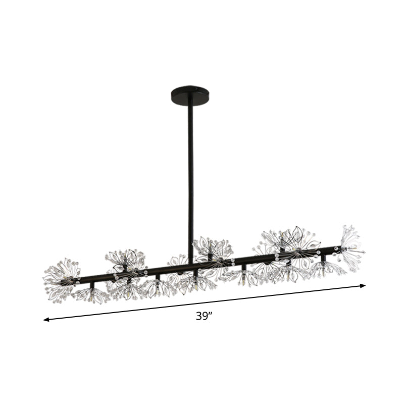 Iron Black Linear 19-Head Suspension Lamp: Modern Island Pendant Light With Crystal Bead Flower