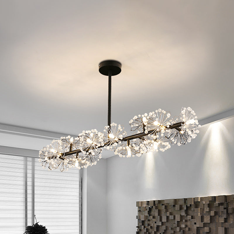 Modern Black Crystal Bead Blossom Island Lamp - Stylish 16 Bulb Dining Table Pendant Light