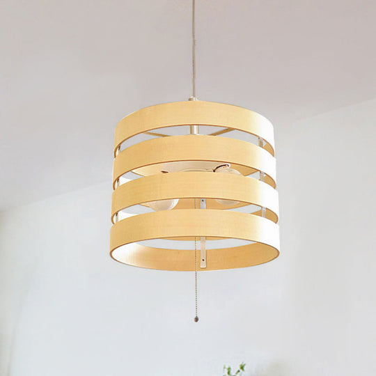 Modern Beige Pendant Chandelier With Pull Chain - Wood Cylinder Frame 2 Bulbs Included