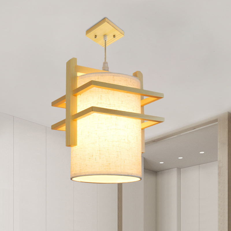 Asian Style Fabric Hanging Lamp Kit - Cylindrical 1-Head Ceiling Light With Wood Shelf Beige