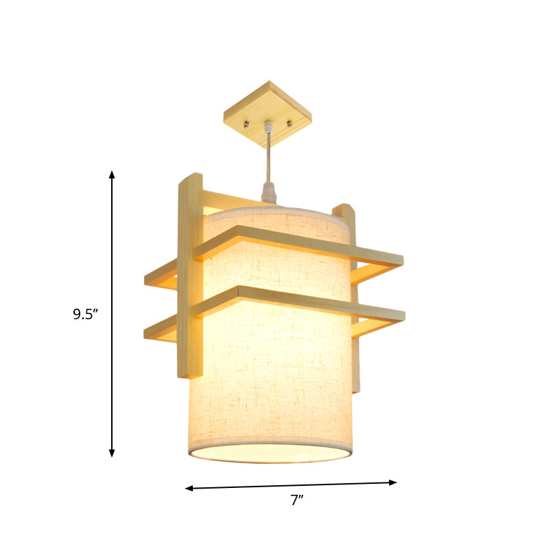 Asian Style Fabric Hanging Lamp Kit - Cylindrical 1-Head Ceiling Light With Wood Shelf Beige