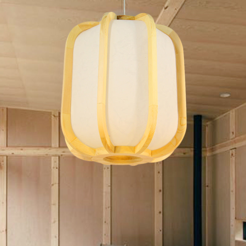 Japanese Lantern Wood Pendant Ceiling Lamp For Restaurants - Beige 1-Light Suspension