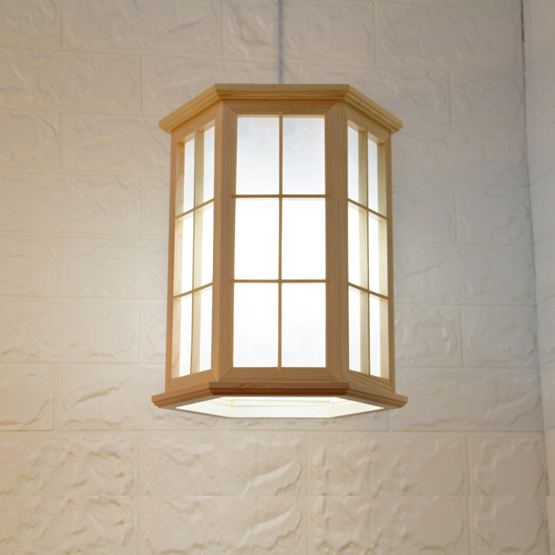 Japanese Style Wood Hexagon Pendulum Light In Beige Tea Room Hanging Ceiling Lamp