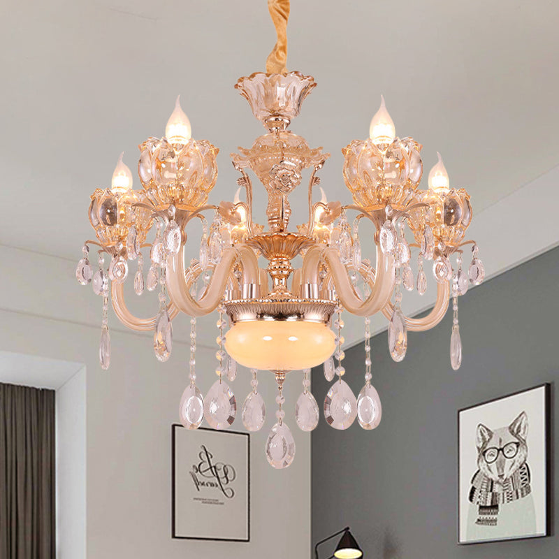 Modern Amber Glass Candle Chandelier with Crystal Drop - 6/8 Bulbs - Elegant Living Room Pendant - Gold Lamp