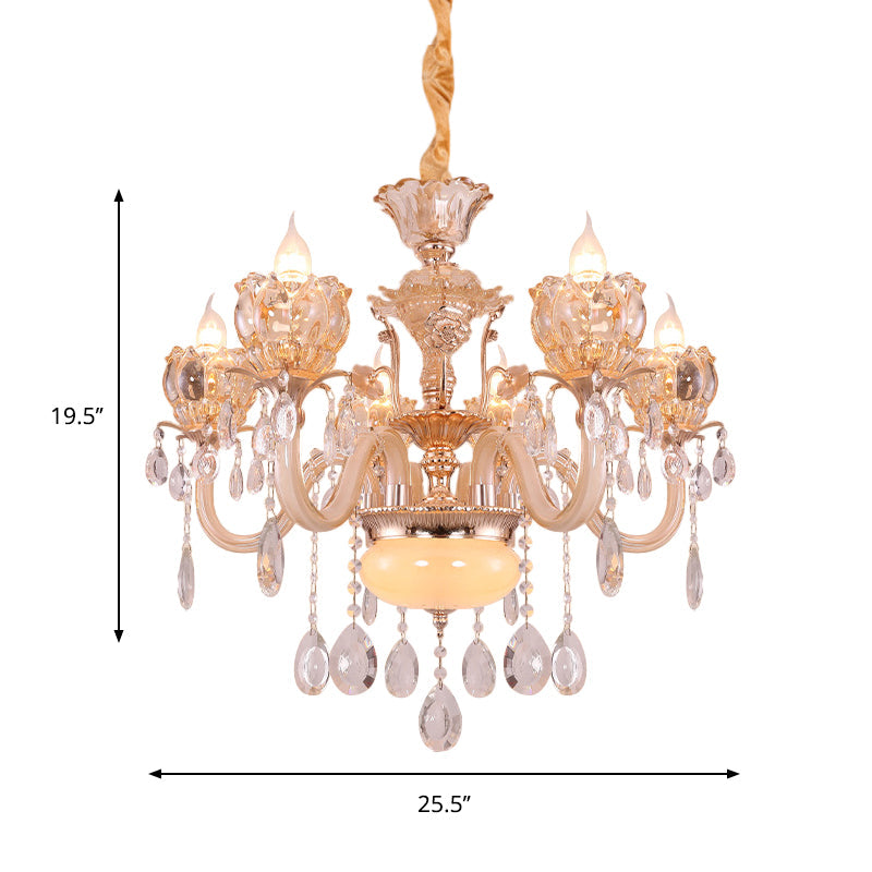 Modern Gold Candle Chandelier Lamp With Amber Glass Shades - 6/8 Bulbs Crystal Drop Perfect For