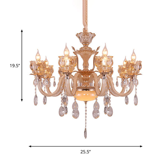 Modern Gold Candle Chandelier Lamp With Amber Glass Shades - 6/8 Bulbs Crystal Drop Perfect For