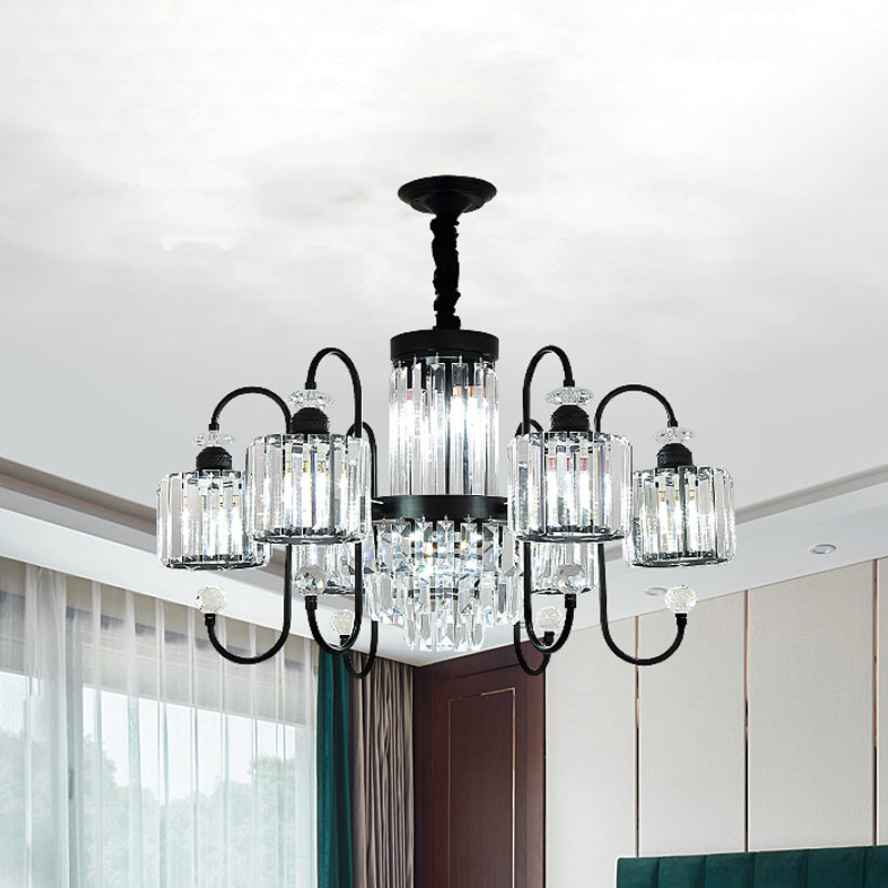 Modern Black Crystal Chandelier - 5/8 Cylindrical Heads With Gooseneck Arm 8 /