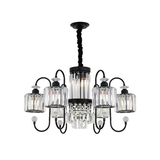 Modern Black Crystal Chandelier - 5/8 Cylindrical Heads With Gooseneck Arm