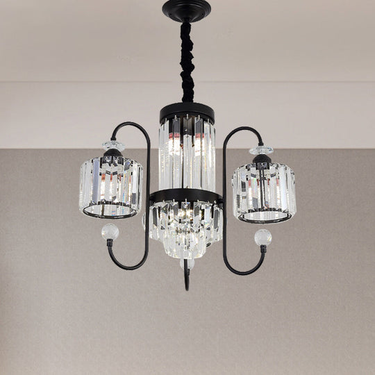 Modern Black Crystal Chandelier - 5/8 Cylindrical Heads With Gooseneck Arm 5 /