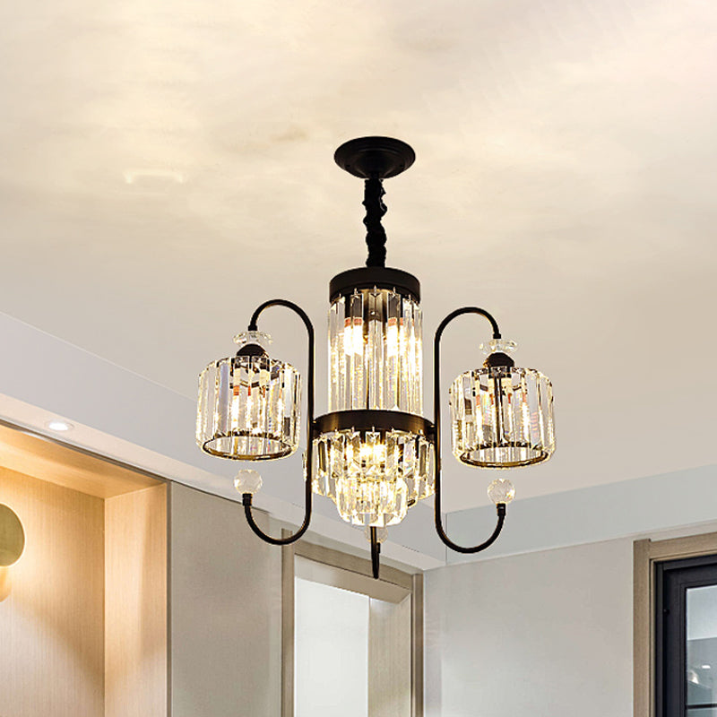 Modern Black Crystal Chandelier - 5/8 Cylindrical Heads With Gooseneck Arm