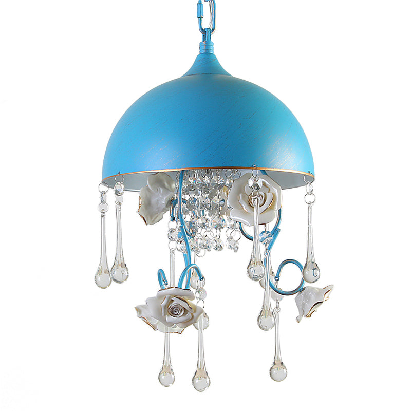 Blue Iron Pendant Lighting with Rose Decor and Clear Crystal Drop - 3 Bulbs Dome Chandelier
