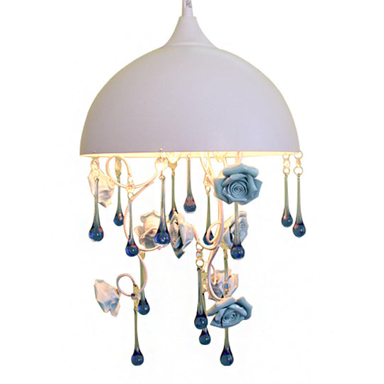 Dome Iron Pendant Chandelier - Modern 3-Light Living Room Lamp in White with Rose & Crystal Accents