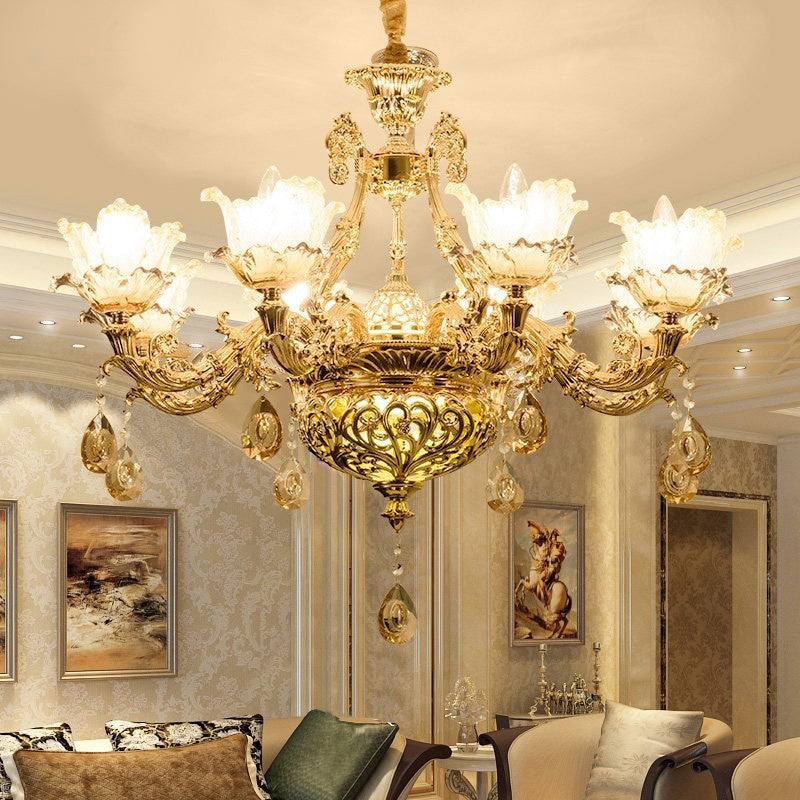 Gold Luxury Flower Chandelier With Amber Glass And Crystal Draping - 6/8 Bulbs Ceiling Light