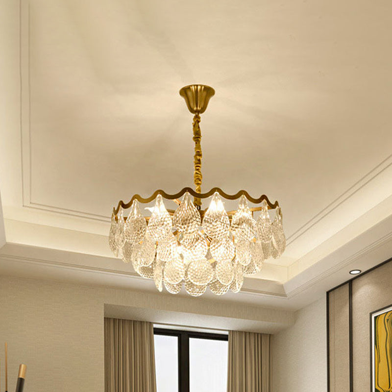 Postmodern Tiered Crystal Chandelier with 8 Bulbs - Clear K9, Brass Suspension Light for the Bedroom