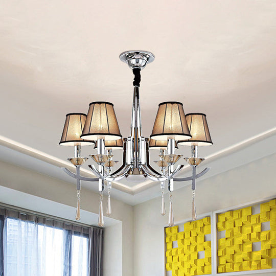 Modern Chrome Tapered Pendant Chandelier with 6 Lights, Fabric Shade, Crystal Drops - Bedroom Ceiling Lamp