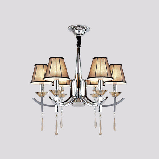Chrome Tapered Pendant Chandelier With Crystal Drop - Modern Fabric 6-Light Ceiling Lamp For Bedroom