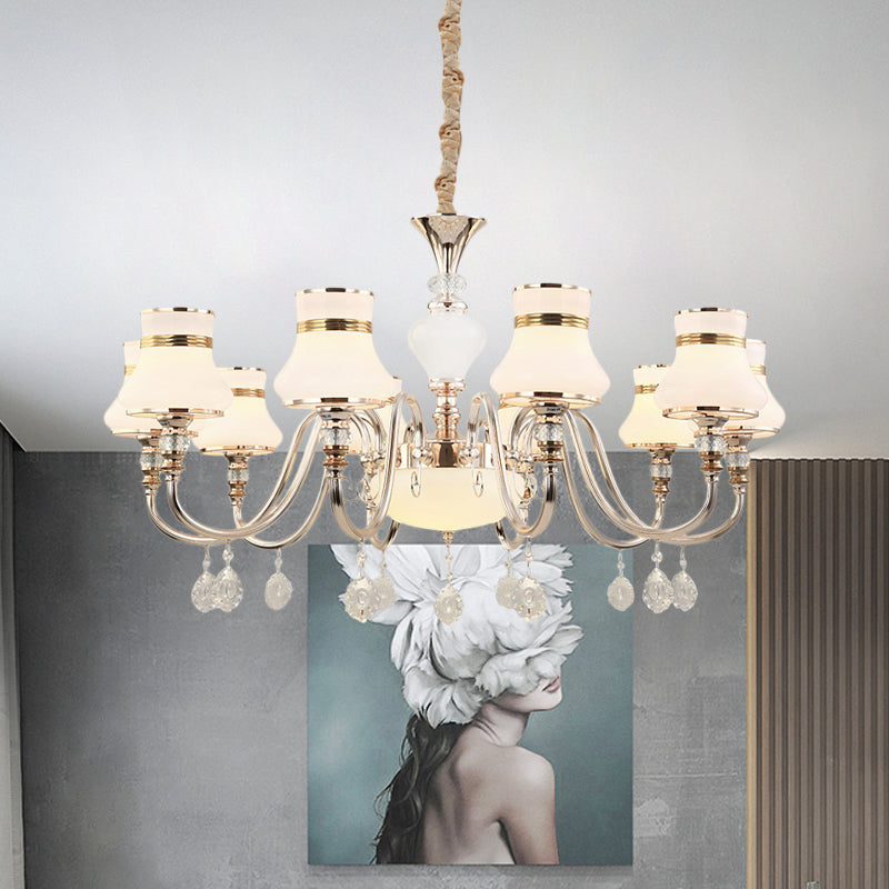 Modern Gold Frosted Glass Pendant Chandelier With Crystal Draping - 10-Light Flared Ceiling Lamp