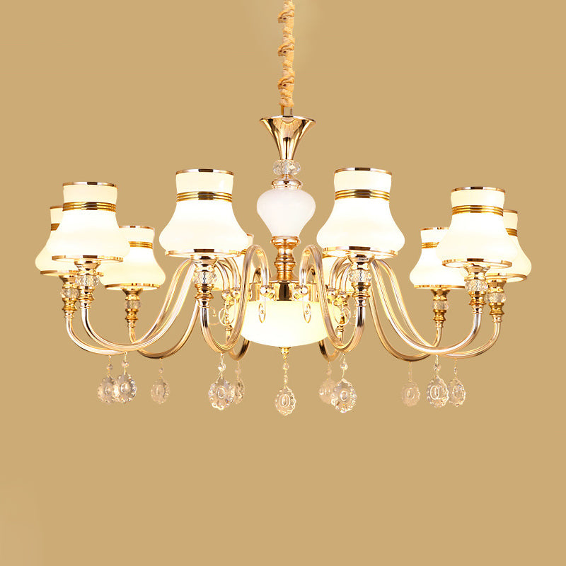 Modern Gold Frosted Glass Pendant Lamp with Crystal Draping - 10-Light Flared Ceiling Chandelier