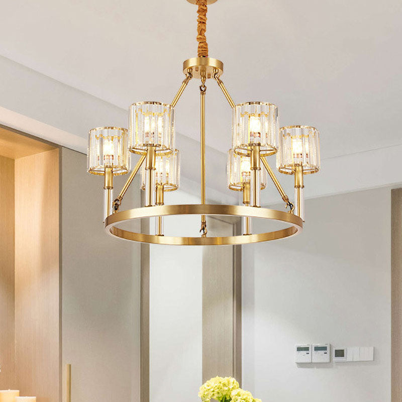 Modern Brass Cylinder Chandelier With 6 Crystal Suspension Lights - Perfect For Dining Rooms