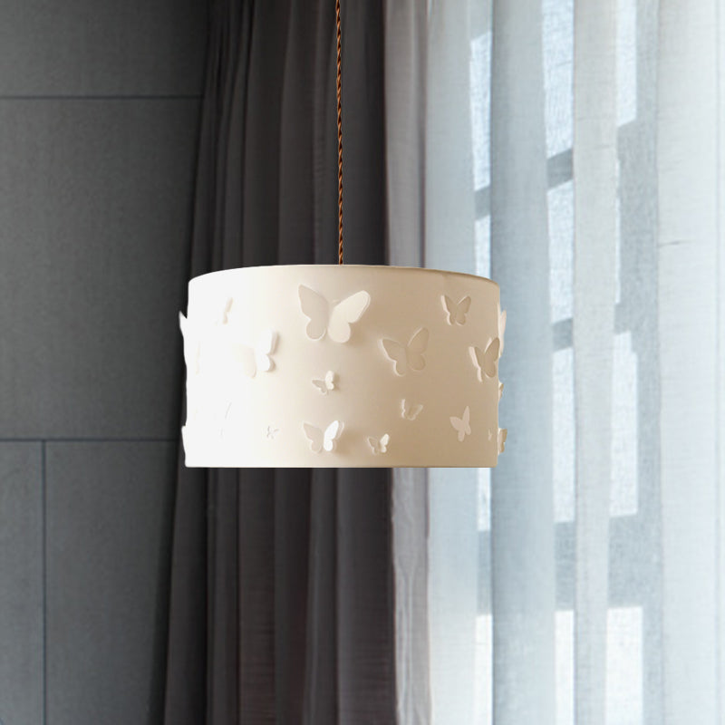 White Butterfly-Embellished Drum Pendant Lamp With Fabric Shade - Minimalist Design