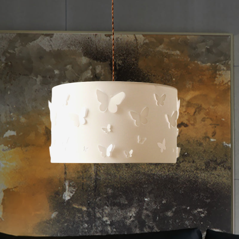 White Butterfly-Embellished Drum Pendant Lamp With Fabric Shade - Minimalist Design
