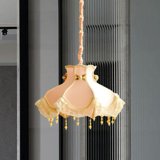 Princess Dress Fabric Hanging Light - Kids White/Pink Ceiling Pendant With Lace Flounce Trim Pink